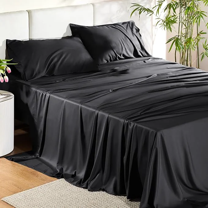 Official Bedsure Queen Sheets Rayon Derived from Bamboo Queen Cooling Sheet Set Deep Pocket Up to 16 quot Breathable amp Soft Bed Sheets Hotel Luxury Silky Bedding Sheets amp Pillowcases Black Relaxed