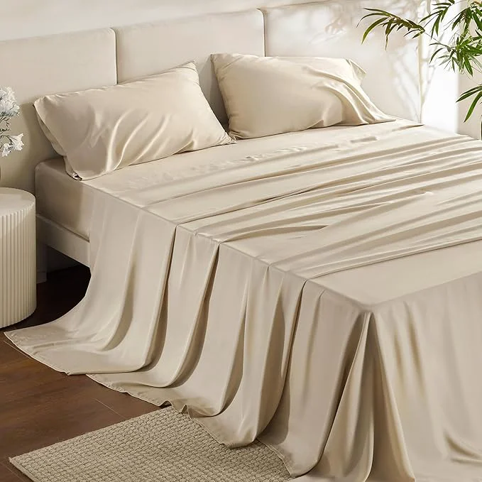 Verified Bedsure King Size Sheet Set Cooling Sheets Rayon Derived from Bamboo Deep Pocket Up to 16 quot PureWoven Breathable amp Soft Bed Sheets Hotel Luxury Silky Bedding for Hot Sleepers Beige Superior