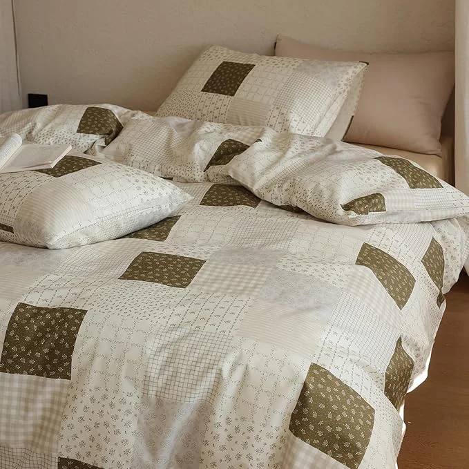 Trendy Patchwork Comforter Set Twin XL Brown Gingham Floral Bedding Set Cotton Down Plaid Teen Girl Bedding Comforter Sets Boho Fluffy Cute Light Weight Bed Comforter with 2 Pillowcases Breathable