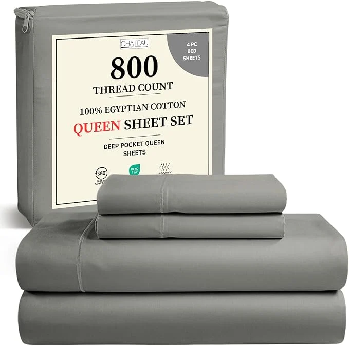 Trendy 800 Thread Count Egyptian Cotton Sheets Queen Sheet Set 15 quot Deep Pocket Cotton Sateen Weave Bed Sheets Queen Size Set Naturally Cool Breathable Elasticated Sheet amp Pillowcase Sets - Silver Authentic