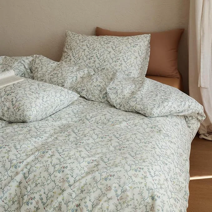 Natural Floral Comforter King Size Set Down Boho Bedding Set 100 Cotton All Season Puffy Girl Bedding Comforter Sets Coquette Lightweight Fluffy Cozy Bed Comforter with 2 Pillowcases Easy-to-Use