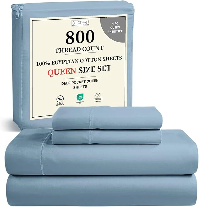 Professional Egyptian Cotton Sheets Queen Size Set 800TC 15 quot Deep Pocket Queen Sheets Set Soft Breathable Sateen Weave 4PC Elasticated Sheet amp Pillowcase Sets No Pill amp Shrink Fade Resistant- French Blue Official