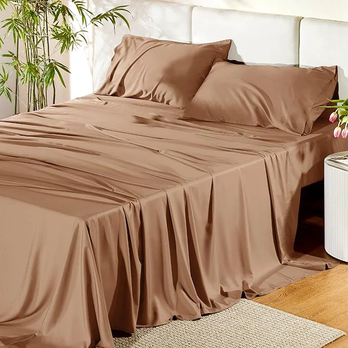 Detailed Bedsure Full Size Bed Sheets Cooling Sheets Rayon Derived from Bamboo PureWoven Breathable amp Soft Deep Pocket Up to 16 Inches Hotel Luxury Silky Bedding for Hot Sleepers Khaki High-Grade
