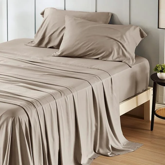 Authentic Bedsure Queen Sheet Set Rayon Derived from Bamboo Cooling Sheets PureWoven Breathable amp Soft Deep Pocket Up to 16 Inches Hotel Luxury Silky Bedding for Hot Sleepers Simply Taupe Flexible