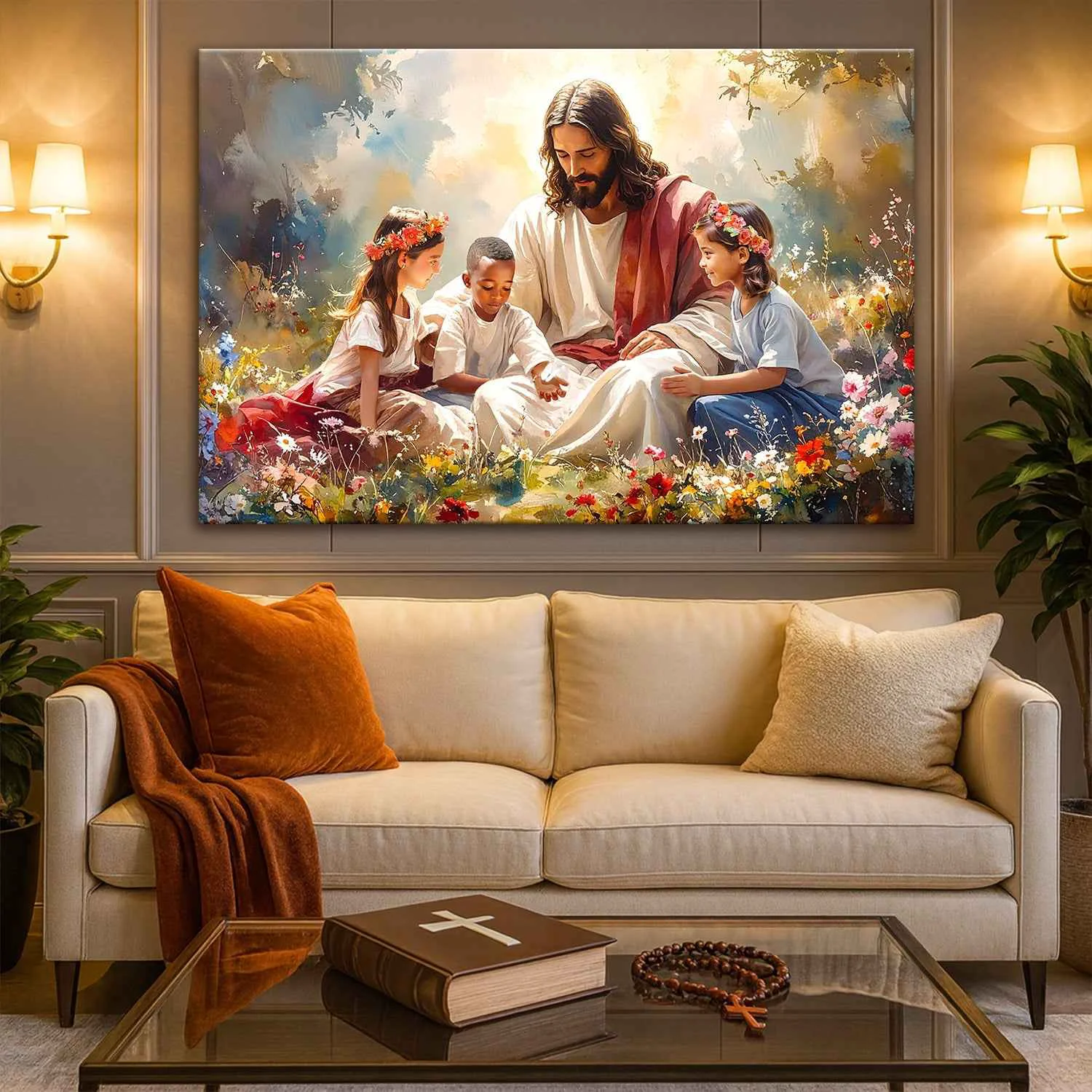 Sophisticated Jesus With Children Faith Wall Art IX Natural