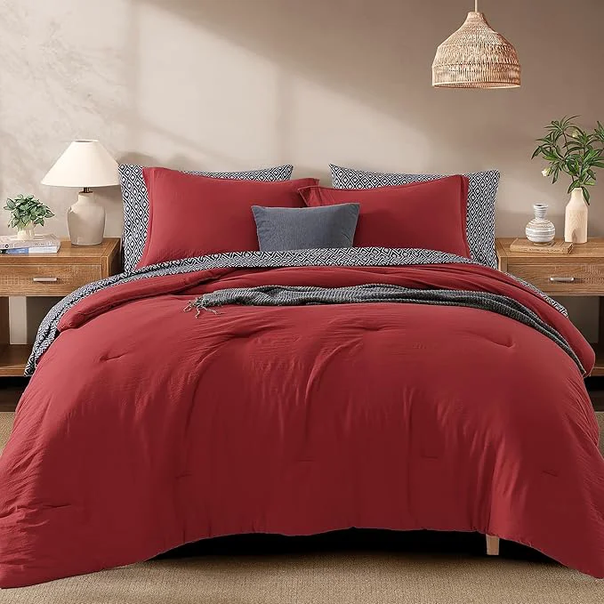 Original Design Monbix Full Size Comforter Set - 7 Pieces Bright Red Prewashed Bed in a Bag Full Bedding Sets with Comforters All Seasons Ultra Soft Comforter Bed Set with Sheets Pillowcases amp Shams Stylish