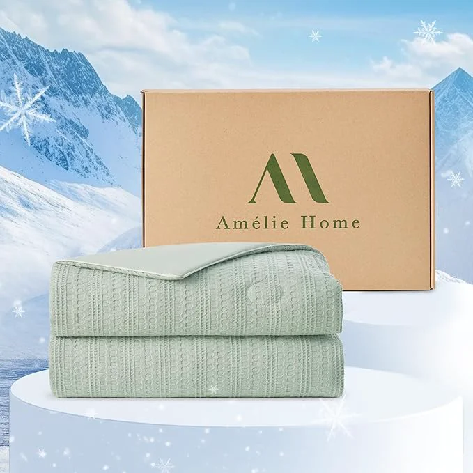 Amélie Home Waffle Cooling Comforter Twin Size Q-Max 0.45 Reversible Lightweight Cooling Blanket for Hot Sleepers Breathable Bedding for Night Sweats 68 quot x90 quot Sage Green Contemporary