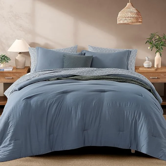 Authentic Monbix Queen Comforter Set - 7 Pieces Oxford Blue Prewashed Bed in a Bag Queen Bedding Sets with Comforters All Seasons Ultra Soft Comforter Bed Set with Sheets Pillowcases amp Shams Unique