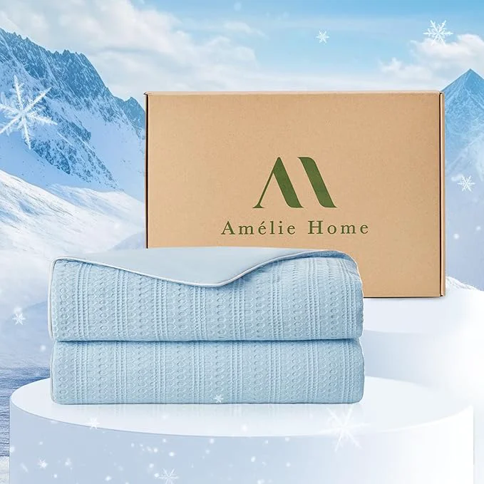 Convenient Amélie Home Waffle Cooling Comforter Twin Size Q-Max 0.45 Reversible Lightweight Cooling Blanket for Hot Sleepers Breathable Bedding for Night Sweats 68 quot x90 quot Sky Blue Refined