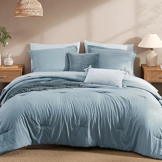 Natural Monbix Super King Size Comforter Set - 7 Pieces Dusty Blue Prewashed Bed in a Bag Bedding Sets with Comforters All Seasons Ultra Soft Comforter Bed Set with Sheets Pillowcases amp Shams Unique