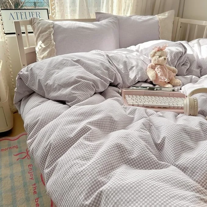 Proven Purple Gingham Queen Size Comforter Boho Fluffy Bedding Set Plaid Cute Lightweight Down Bedding Comforter Sets Microfiber Cozy Lace-Trimmed Farmhouse Comforter with 2 Pillowcases Stylish