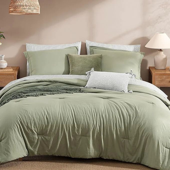 Monbix Queen Comforter Set - 7 Pieces Green Prewashed Bed in a Bag Queen Bedding Sets with Comforters All Seasons Ultra Soft Comforter Bed Set with Sheets Pillowcases amp Shams Superior