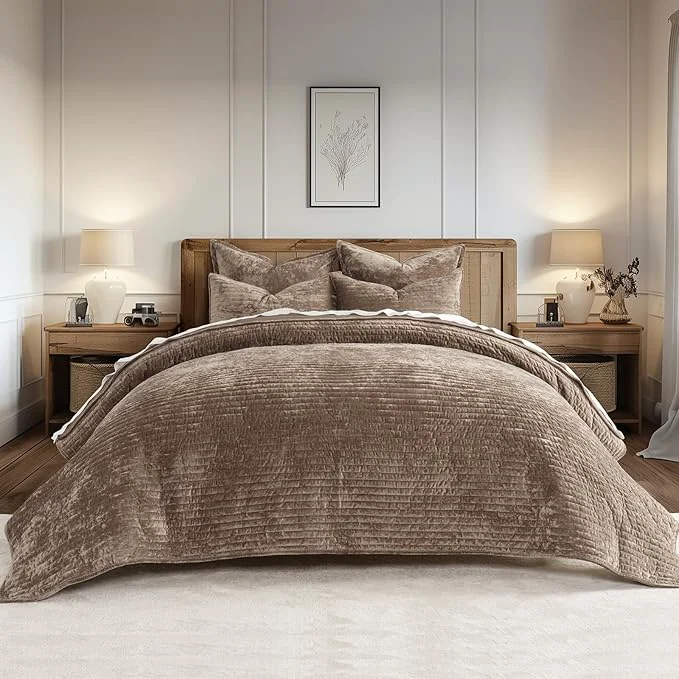 Casual EVERGRACE Velvet Quilt Set California King 118 39 39 x 106 39 39 Luxurious Soft Striped Channel Bedding Set Lightweight Velvet Comforter for All Season Oversized Bedspread Coverlet w 2 Shams Mocha Brown