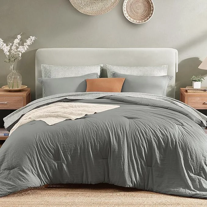 Official Monbix King Size Comforter Set - 7 Pieces Granite Grey Prewashed Bed in a Bag King Bedding Sets with Comforters All Seasons Ultra Soft Comforter Bed Set with Sheets Pillowcases amp Shams