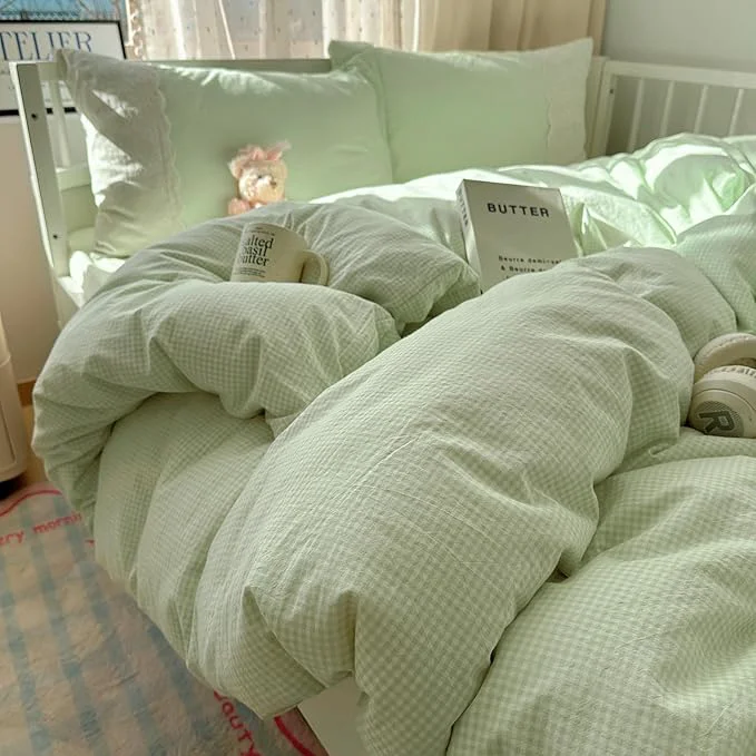 Premium Material Green Gingham Comforter Full Size Boho Plaid Bedding Set Down Fluffy Lace-Trimmed Lightweight Bedding Comforter Set Soft Microfiber Breathable Cute Comforter with 2 Pillowcases