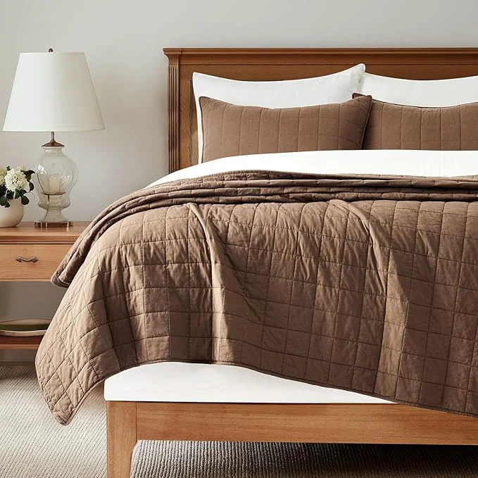Refined EVERGRACEHOME Cotton Box Stitch Quilt Bedding Set King Size 3 Pieces Garment-Washed Lightweight Soft Cozy Coverlet Oversized Quilted Bedspread Sets with 2 Shams for All Season Sienna Brown Trusted