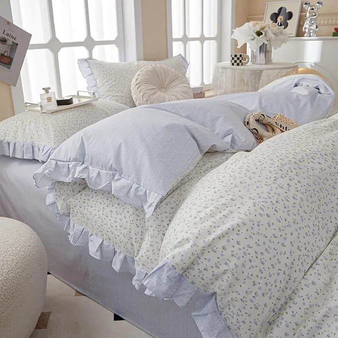 High-Quality Blue Floral Twin XL Comforter Set Ruffle Lightweight Bedding Set Boho Fluffy Cute Down Bedding Comforter Set Cozy Farmhouse Microfiber Blue Striped Comforter with 2 Pillowcases Environmentally Friendly