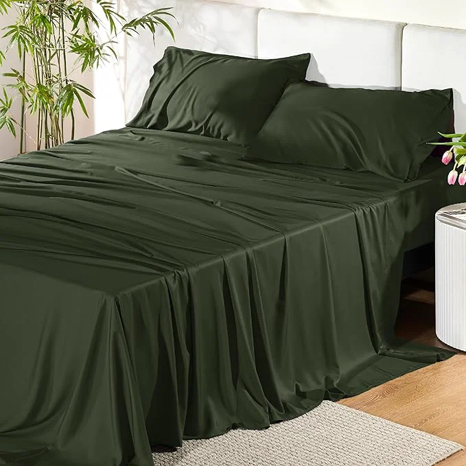 Excellent Bedsure Queen Sheet Set Rayon Derived from Bamboo Cooling Sheets PureWoven Breathable amp Soft Deep Pocket Up to 16 Inches Hotel Luxury Silky Bedding for Hot Sleepers Olive Green