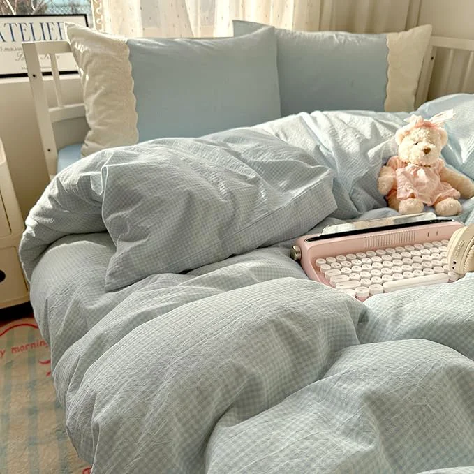 Pure Blue Gingham King Comforter Set Down Boho Bedding Set Soft Lace-Trimmed Fluffy All Season Bedding Comforter Sets Lightweight Microfiber Cute Plaid Comforter with 2 Pillowcases Optimized