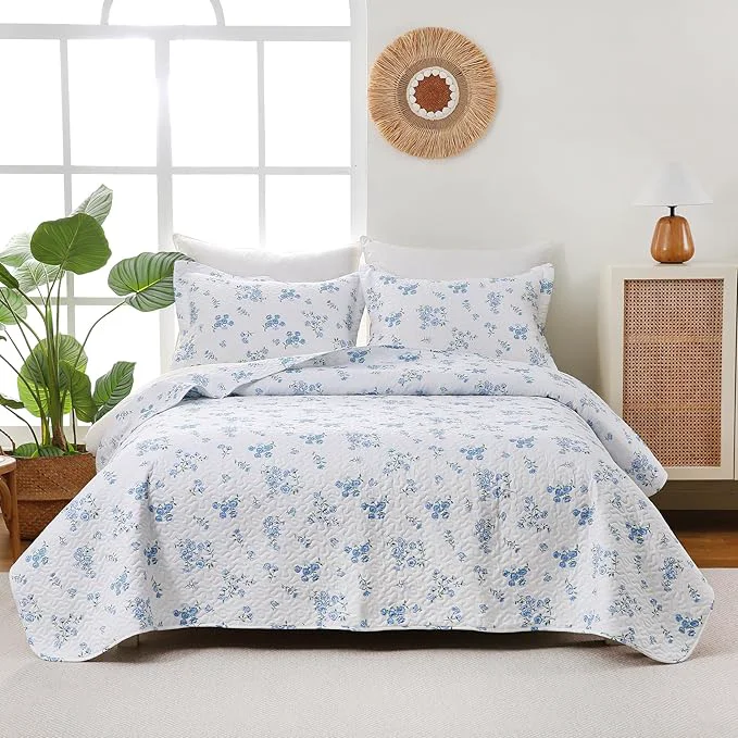 Sustainable Blue Floral Quilt Set King Size - 3 Pieces Reversible Cottagecore Quilts Flowers Soft Microfiber Lightweight Bedspread Coverlet with 2 Pillow Shams for All Seasons 104 quot ×90 quot Secure