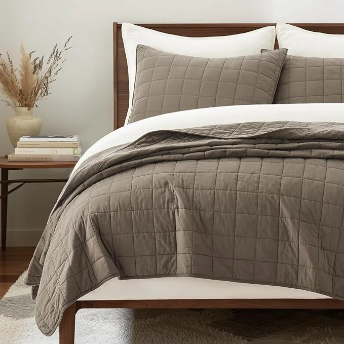 Responsible EVERGRACEHOME Cotton Box Stitch Quilt Bedding Set Queen Size 3 Pieces Garment-Washed Lightweight Soft Cozy Coverlet Quilted Bedspread Sets with 2 Shams for All Season Mocha Brown Verified