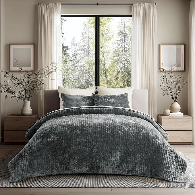Innovative EVERGRACE Velvet Quilt Set Queen Size Luxurious Soft Striped Channel Bedding Set Lightweight Velvet Comforter for All Season Oversized Bedspread Coverlet with 2 Matching Shams Charcoal Gray