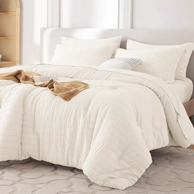 Versatile MUXHOMO 5 Pieces Twin Comforter Set Seersucker Bed in a Bag Twin Size All Season Luxury Bedding Set with Comforter Flat Sheet Fitted Sheet Pillowcase amp Sham Ivory Premium Material