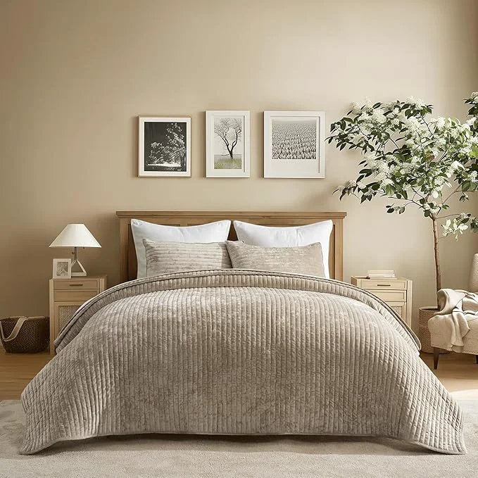 Smart EVERGRACE Velvet Quilt Set Queen Size Luxurious Soft Striped Channel Bedding Set Lightweight Velvet Comforter for All Season Oversized Bedspread Coverlet with 2 Matching Shams Beige Taupe Comfortable