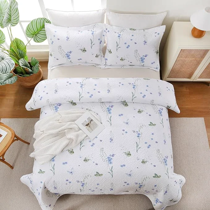 Specialty King Size Quilt Bedding Set White Floral Lightweight Bed Quilts Botanical Patterned Elegant Bedspread Reversible Coverlet Sets with 2 Pillow Shams 104 quot ×90 quot Exclusive