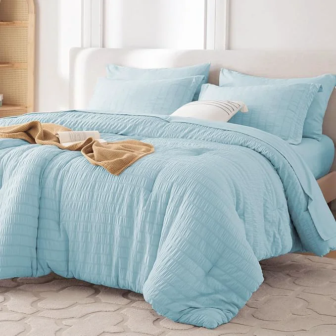Original Design MUXHOMO 7 Pieces California King Comforter Set Seersucker Bed in a Bag Cal King Size All Season Luxury Bedding Set with Comforter Flat Sheet Fitted Sheet Pillowcases amp Shams Lake Blue Carefully Designed