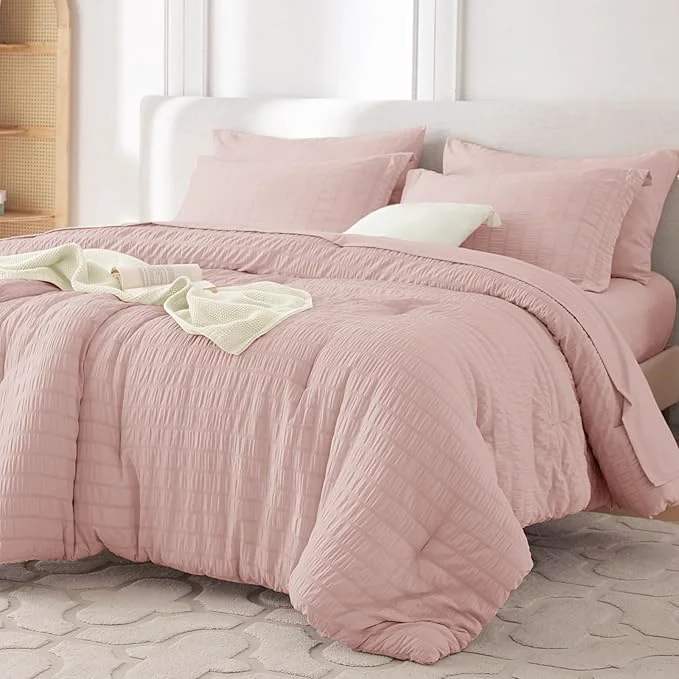 World-Class MUXHOMO 7 Pieces King Comforter Set Seersucker Bed in a Bag King Size All Season Luxury Bedding Set with Comforter Flat Sheet Fitted Sheet Pillowcases amp Shams Rose Gold Superior