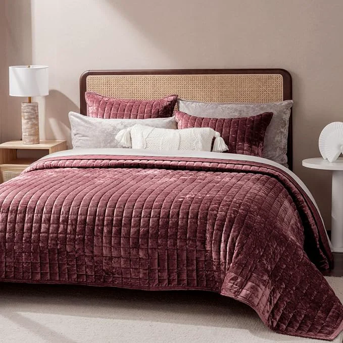 Clean RECYCO Luxury Velvet Quilt Set Full Queen Size Bedding Sets Ultra Soft Velvet Comforter Set Lightweight Channel Box Stitch Oversized Bedspread Coverlet for All Season with 2 Shams Plum Artisan