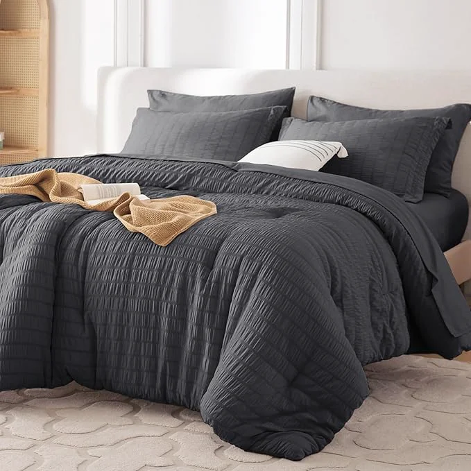 Convenient MUXHOMO 7 Pieces King Comforter Set Seersucker Bed in a Bag King Size All Season Luxury Bedding Set with Comforter Flat Sheet Fitted Sheet Pillowcases amp Shams Dark Grey Elite