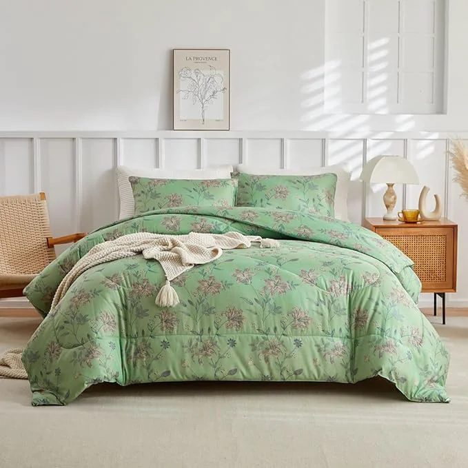 Flexible Garden Style Green Comforter Set Queen Vintage Flower Bedding Comfortet Set Soft Microfiber Bedding Set 1 Green Floral Comforter and 2 Pillowcases Chic Botanical Comforter Set for Girls Women Sustainable