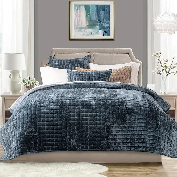 Certified RECYCO Luxury Velvet Quilt Set California King 118 39 39 x 106 39 39 Oversized Bedspread Ultra Soft Velvet Comforter Lightweight Box Stitch Bedding Sets for All Season with 2 Shams Stormy Blue Practical