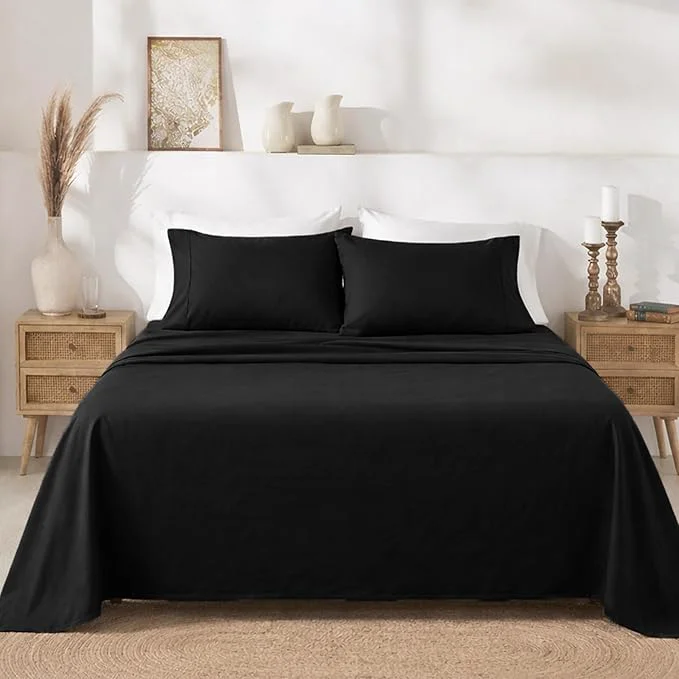 Authentic California Design Den King Size Sheets Set - 400 Thread Count Sateen Natural Cotton Sheets with Deep Pockets Breathable and Durable Bedding Set - Black Fast