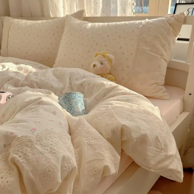 High-End VM VOUGEMARKET Girl 39 s Pink Flower Comforter Set Twin Romantic Lace Bedding Comforter Soft Lightiweght Washed Microfiber Quilt Comforter Set for College Dorm Natural