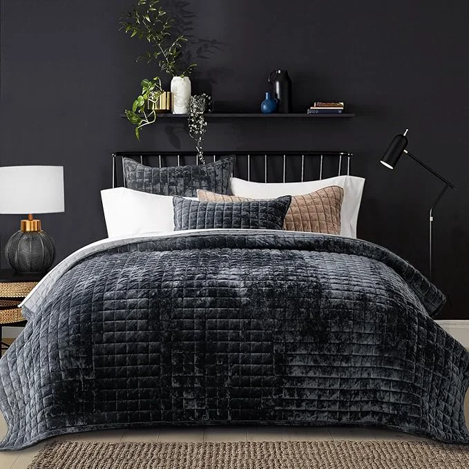 Proven RECYCO Luxury Velvet Quilt Set King Size Bedding Sets Ultra Soft Velvet Comforter Set Lightweight Channel Box Stitch Oversized Bedspread Coverlet for All Season with 2 Shams Black