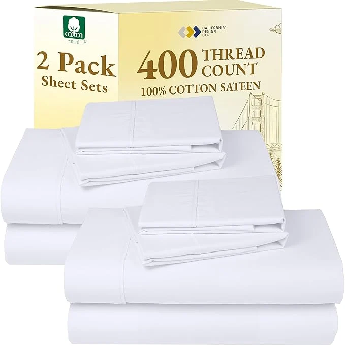 Dependable California Design Den 2-Pack Cal King Bedsheet Set - 400 Thread Count Sateen Cotton Sheets - Soft and Breathable Sheets 2 Sets of Deep Pocket Bed Sheets - White World-Class