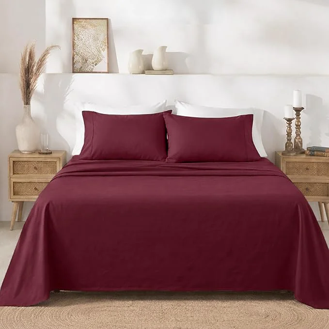 Practical California Design Den Full Size Bed Sheets Set - Soft 400 Thread Count Sateen Natural Cotton Sheets with Deep Pockets Breathable and Durable Bedding Set - Burgundy Red High-End