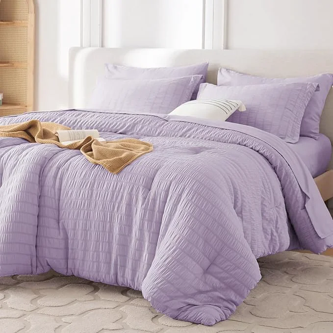 Fast MUXHOMO 7 Pieces Full Comforter Set Seersucker Bed in a Bag Full Size All Season Luxury Bedding Set with Comforter Flat Sheet Fitted Sheet Pillowcases amp Shams Lavender Comfortable