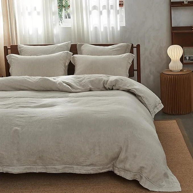 Convenient Simple amp Opulence Washed Linen Duvet Cover with Embroidered 3 Pieces Soft Farmhouse Comforter Set with Button Closure 1 Duvet Cover and 2 Pillowshams Full Natural Linen Responsible