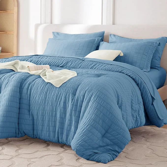 Minimalist MUXHOMO 7 Pieces King Comforter Set Seersucker Bed in a Bag King Size All Season Luxury Bedding Set with Comforter Flat Sheet Fitted Sheet Pillowcases amp Shams Mineral Blue Certified