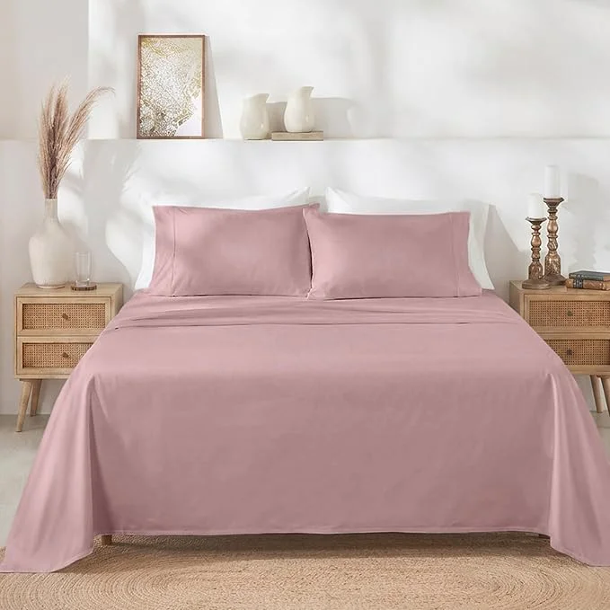 Clean California Design Den Natural Cotton Bed Sheets Twin Size Set - 400 Thread Count Sateen Deep Pocket Sheet Set with All Around Elastic Soft Durable Bedding - Mauve Traditional