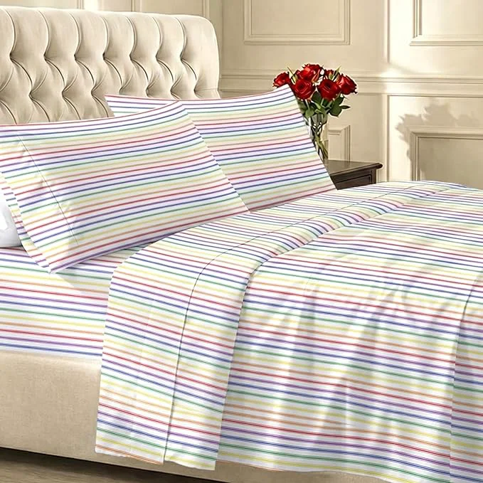 Easy-to-Use California Design Den Striped Queen Sheet Set - 400 Thread Count Sateen Natural Cotton Sheet Set Queen Size Deep Pocket and Durable Bedding - Rainbow Striped Innovative