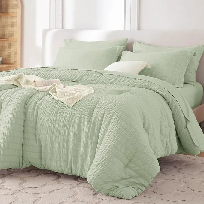 Relaxed MUXHOMO 7 Pieces Queen Comforter Set Seersucker Bed in a Bag Queen Size All Season Luxury Bedding Set with Comforter Flat Sheet Fitted Sheet Pillowcases amp Shams Light Green Convenient
