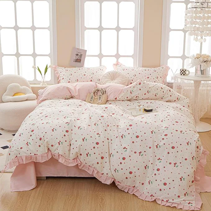 Convenient VM VOUGEMARKET Strawberry Comforter Set Twin Cute Ruffle Comforter with 2 Pillowcases Fluffy Reversible Kids Girls Bedding Comforter Set for All Seasons 3pcs Twin XL Clean
