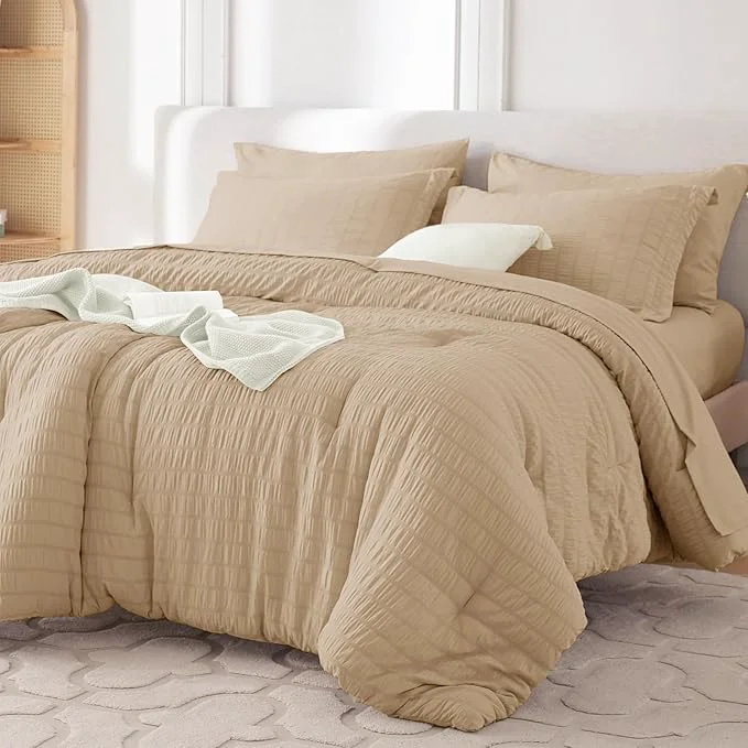 Healthy MUXHOMO 7 Pieces King Comforter Set Seersucker Bed in a Bag King Size All Season Luxury Bedding Set with Comforter Flat Sheet Fitted Sheet Pillowcases amp Shams Khaki Consistent