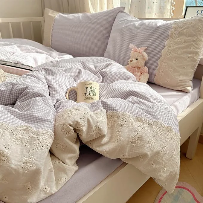 Powerful VM VOUGEMARKET Purple White Queen Comforter Set 3 Pieces Romantic Lace Bedding Set Simple Cozy Small Lilac Gingham Checked Comforter Quilt for Teen Girls Students Reliable