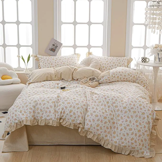 Functional VM VOUGEMARKET Reversible Ruffle Comforter Set Queen 3 Pieces Shabby Chic Coquette Cottagecore Yellow Pink Flower Comforter with 2 Lace Pillow Shams Queen Size Trusted